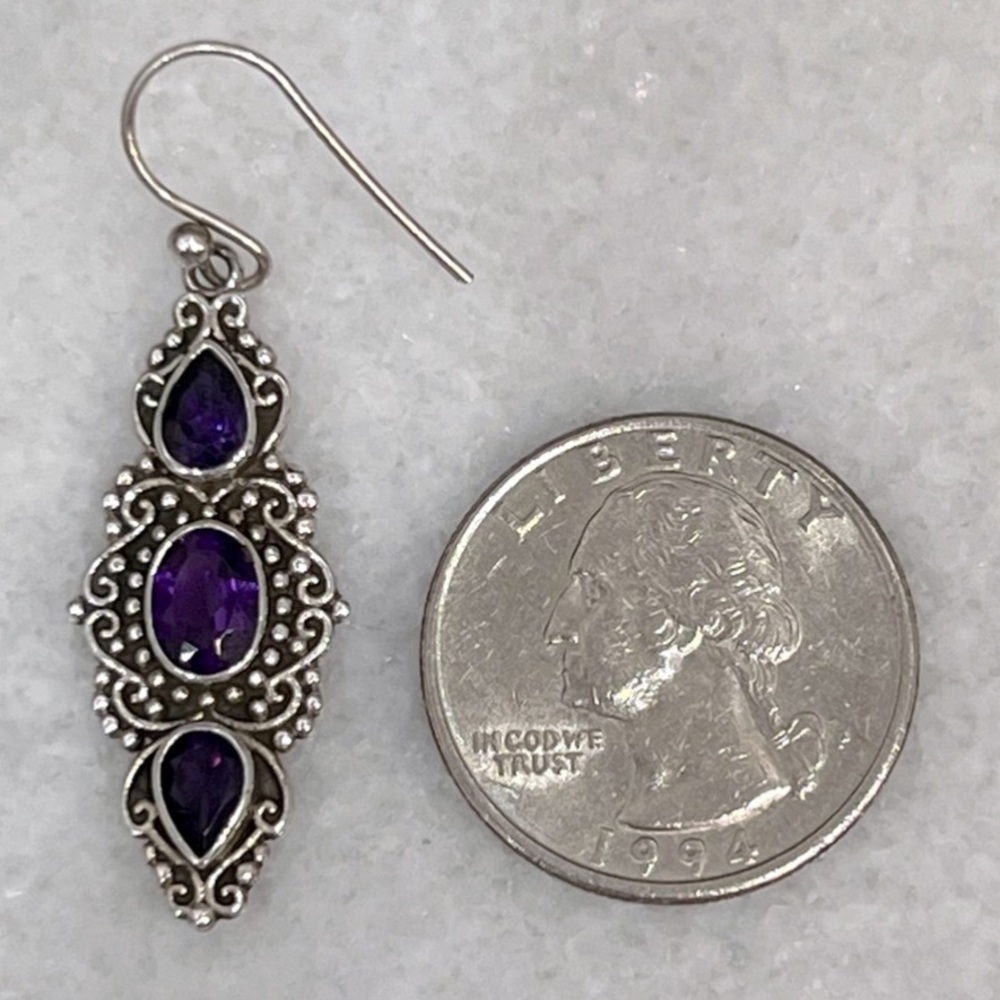 Amethyst Sterling Silver Trilogy Dangle Earrings - Picture 9 of 9